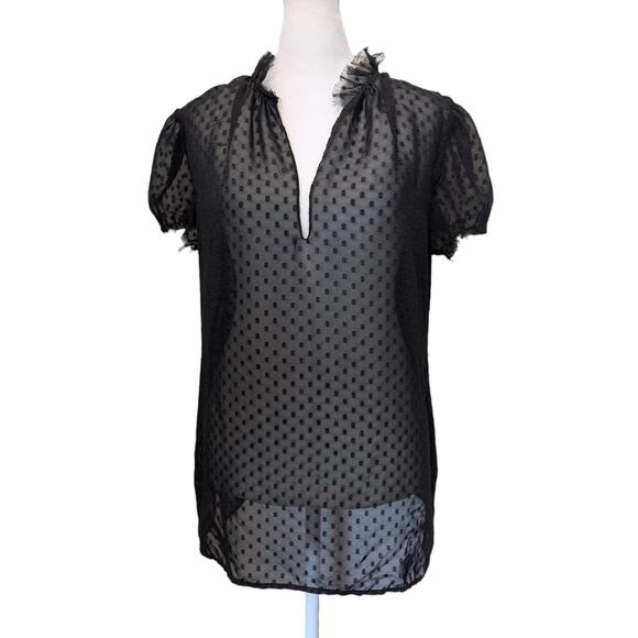 L'AGENCE Sheer Black Swiss Dot Fringed Whimsigoth Puff Sleeve Blouse Large - Picture 1 of 4
